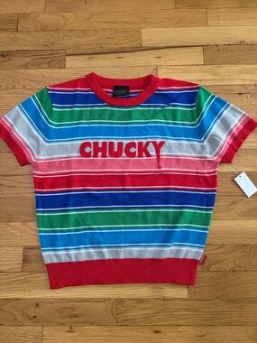 Universal Multicolor Striped Crew Neck Sweater with Red 'CHUCKY' Detail